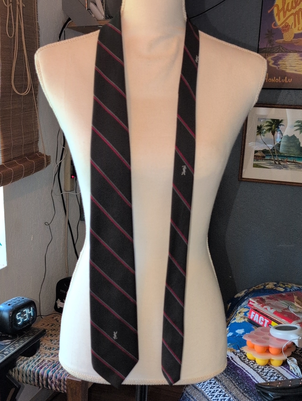 Yves Saint Laurent Black Tie with Pink Diagonal Stripes